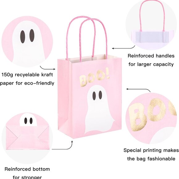 WRAPAHOLIC 12 Pack 7" Small Halloween Kraft Paper Gift Bags - Gold Foil Boo and - Picture 3 of 7